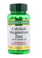 Nature's Bounty Calcium Magnesium Zinc Vitamin D3 supplement bottle with 100 coated caplets for bone health